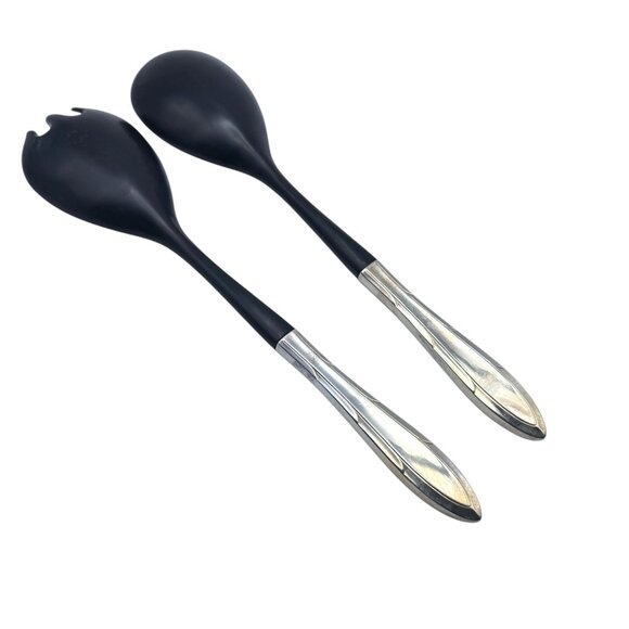 Reverie 1937 Silverplate by Oneida Salad Serving Set Black Plastic & Silver Vtg - Picture 2 of 5